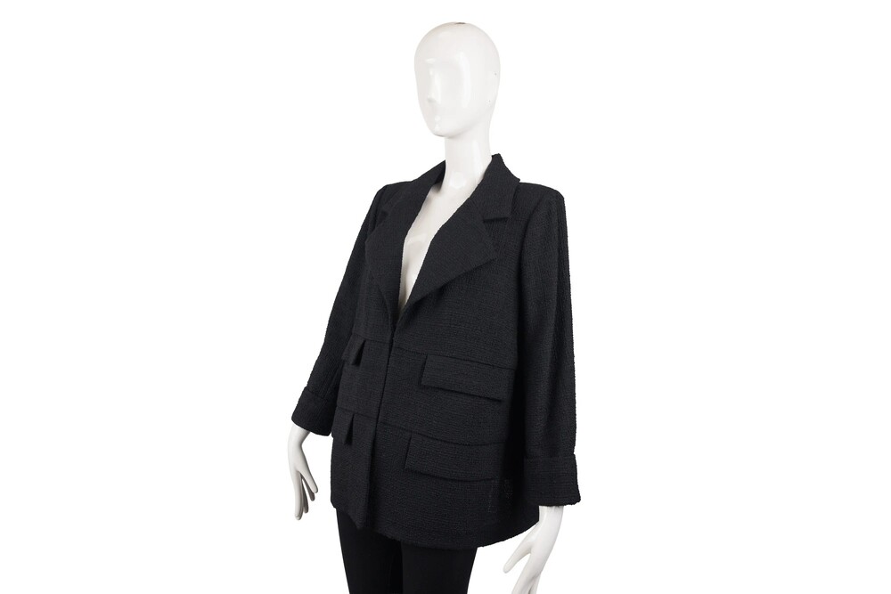 Chanel Black Four Pocket Jacket Notched Lapel Tweed Size 50